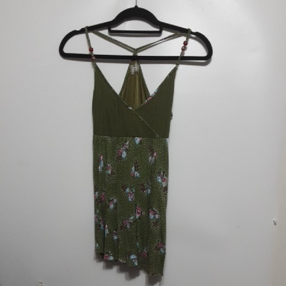Free People Floral‎ Green T-Back Spaghetti Strap Top
